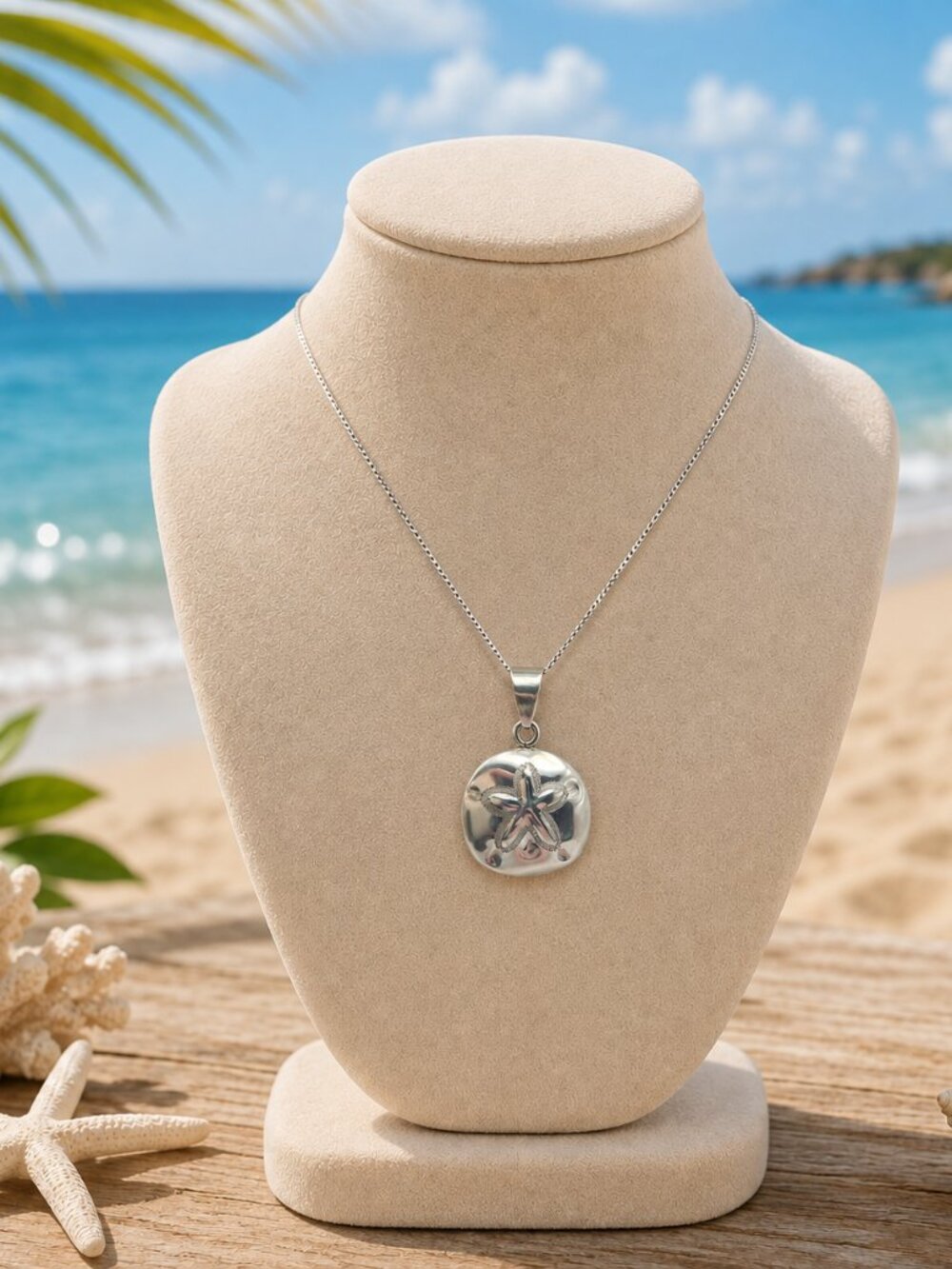 Vintage Taxco Mexico Sterling Silver Sand Dollar Pendant Necklace Coastal Shell